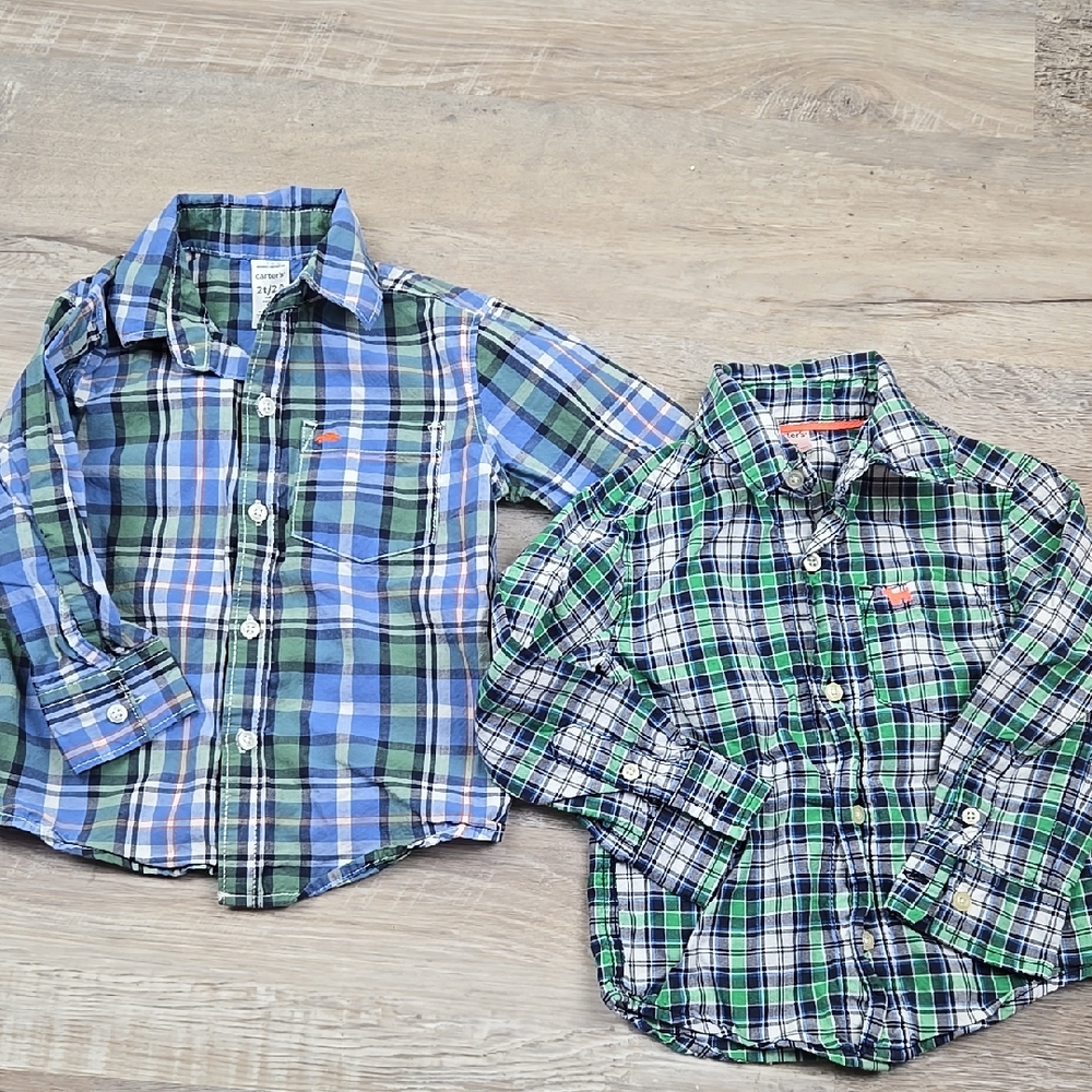 Carter's 2T Plaid Boys Button Down Dress Shirt Set Bundle - Blue Green Spring